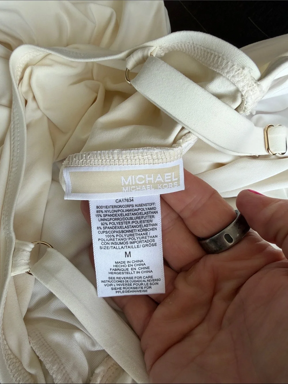 Michael Kors Cream V-Neck Bandeau Tankini with Ring Accent